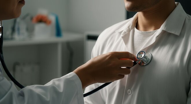 Doctor performing heart checkup on patient in clinic