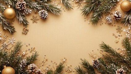 Christmas border with fir branches, gold ornaments, and snowflakes on a beige background design banner with a copy space area Generative AI