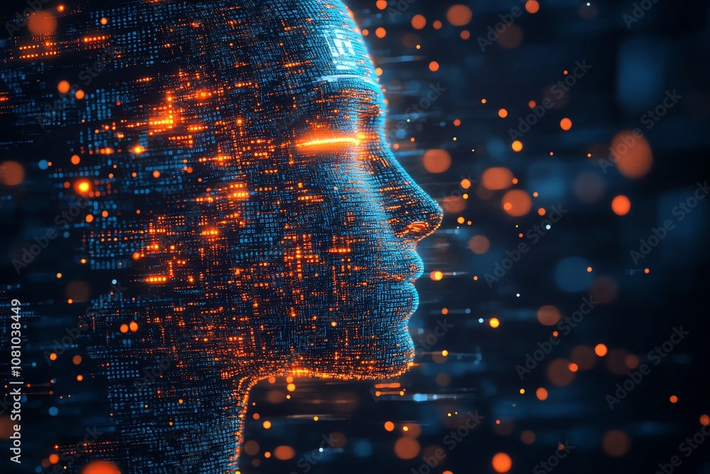 Poster A digital rendering of a human face made of code and data, symbolizing artificial intelligence, technology, and the future.