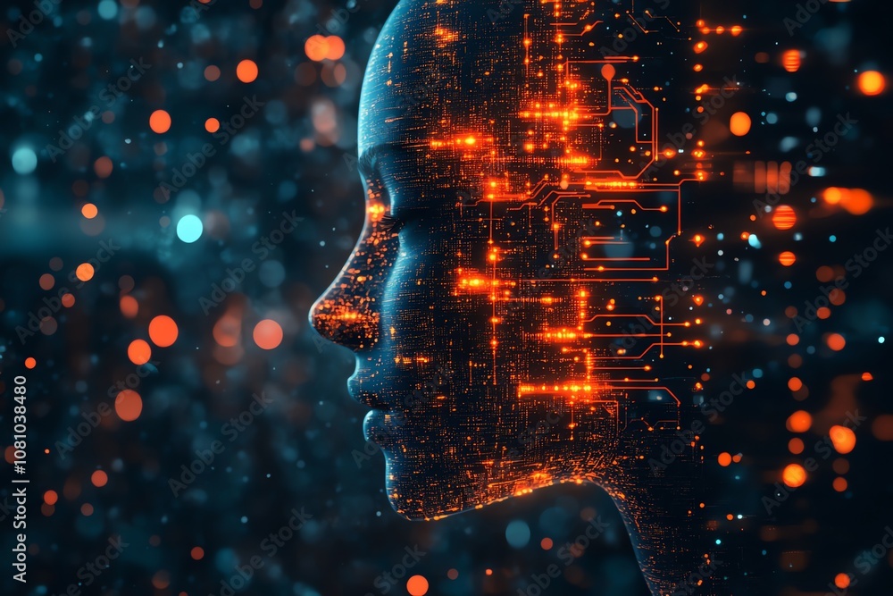 Poster a digital rendering of a human face made of glowing circuit boards against a dark background with bl