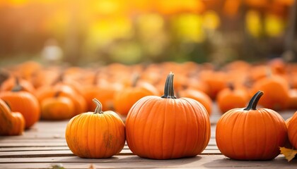 Three Pumpkins on a Wooden Surface - AI generated