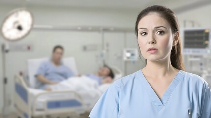 Obraz premium Female nurse in blue scrubs at intensive care unit, Horizontal banner, medical center marketing, healthcare recruitment, hospital website, emergency care promotion, copy space