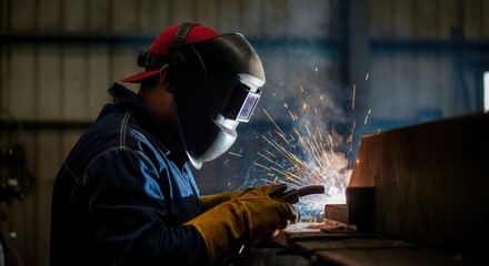 Welder at work with sparks flying in industrial setting