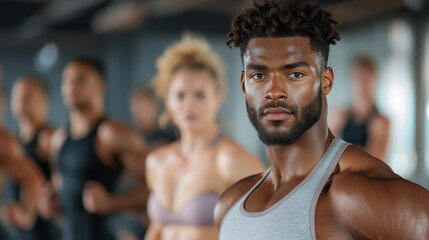 A man with a strong gaze participates in a group fitness setting, showcasing focus and intensity, surrounded by diverse peers, highlighting teamwork and perseverance.