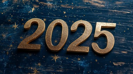 Elegant gold script 2025 on deep blue background with sparkling stars for New Year's celebration