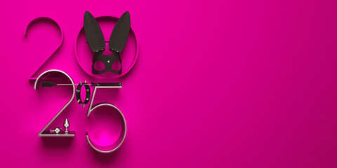 Creative 2025 New Year design template with BDSM elements: a rabbit mask, a leather whip, anal plugs and a collar with spikes.
