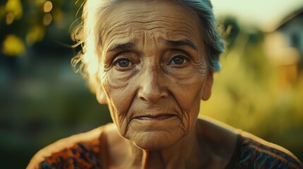  elderly woman with kind eyes, wrinkles that tell a story of wisdom