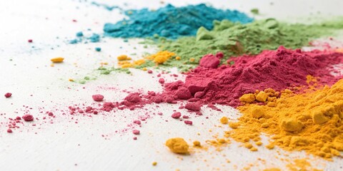 Holi-inspired paint powder scattered on a white background, holi colors, multicolored chaos, vibrant powder, colored pigments, chromatic splash