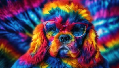 Naklejka premium Dog with glasses on its head and tie dye color