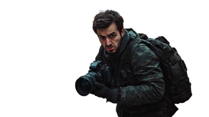 War journalist with a camera and military uniform.