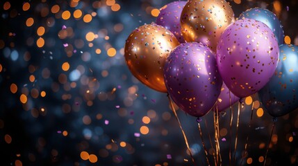 A vibrant display of balloons in shades of pink, gold, and blue, adorned with confetti, against a bokeh background, evoking the spirit of celebration.
