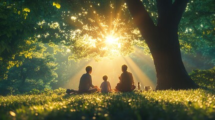 A family of three sits beneath a large tree, enjoying the sun setting through the leaves.
