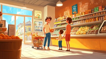 A family shopping for groceries at a local store with a bright, sunny atmosphere.