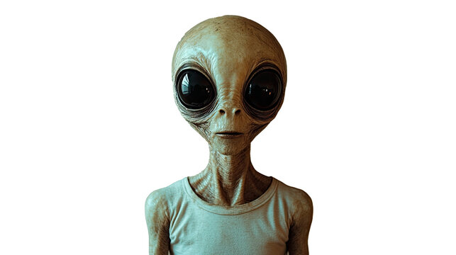 Portrait of an Alein, with big black eyes looking at camera.