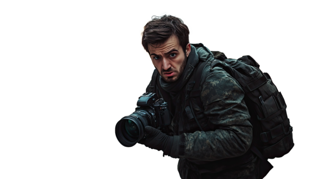 War journalist with a camera and military uniform.