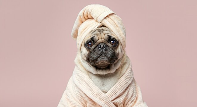 Pampered pug in spa robe towel head wrap