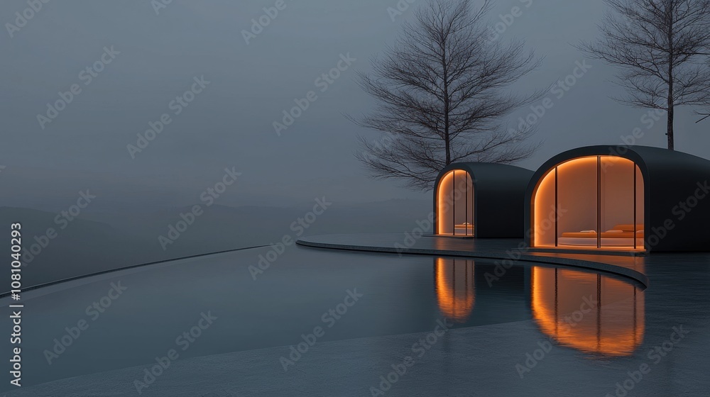 Poster a pair of small houses with a pool in between them