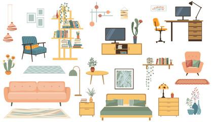 Furniture collection for modern home interior design. Trendy house decor, sofa, couch, chair, armchair, vase and lamp. Apartment room items, decoration.