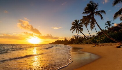 Fototapeta premium Calm Tropical Beach Fringed by Palm Trees, With Gentle Waves Lapping Against the Shore and a Brilliant Orange Sun Setting Over the Horizon on a Quiet Evening