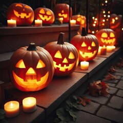 Fototapeta premium Halloween Pumpkins on Steps AI generated