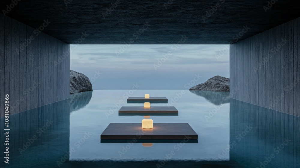 Poster a dark room with a pool of water and three small tables with candles on them