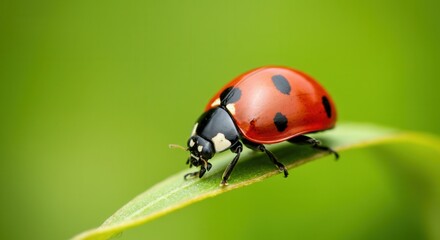 Vibrant ladybug perched on green leaf in natural habitat