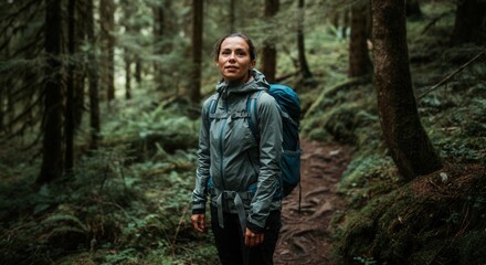 Naklejka premium Adventurous woman hiking in misty