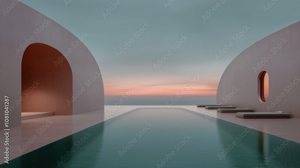 Poster a long pool with a view of the ocean and a sunset in the background