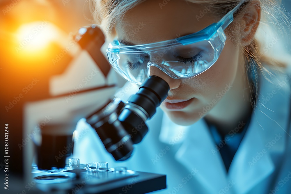Poster a female scientist in a lab coat and safety goggles examines a sample under a microscope.