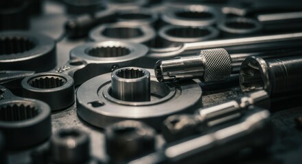 Naklejka premium Precision-engineered metal machine parts on workshop table