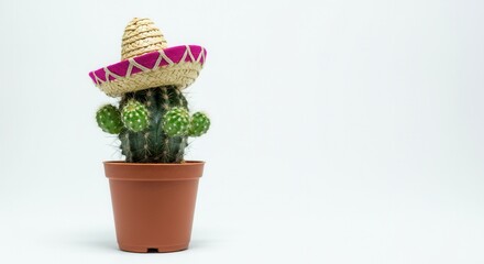 Quirky cactus in pot wearing miniature sombrero