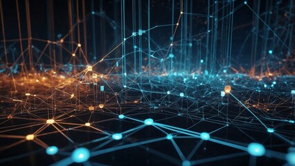 Abstract blockchain network, with nodes and data flowing across connected blocks, glow lines