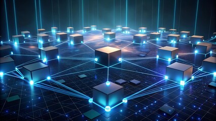 Abstract blockchain network, with nodes and data flowing across connected blocks, glow lines