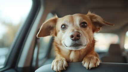 A golden-colored dog eagerly peeks over a car seat with its expressive eyes and floppy ears, radiating happiness in the warm interior of a car with sunlit reflections.