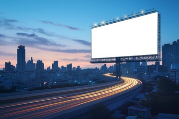 Blank billboard on the highway during the twilight with city background