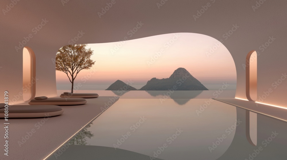 Poster a pool with a tree in the foreground and mountains in the background