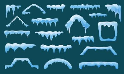 Snow roof cape. Snowfall winter snowdrift border frame collection, snowball pile and frozen peak icy edge. Vector cartoon set