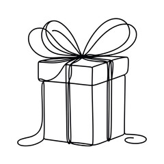 Christmas Present box with ribbon and bow. Continuous one line vector illustration. Wrapped surprise package