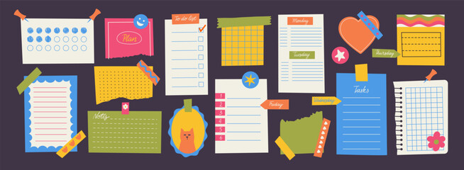 Memory stickers. Cute colorful note paper with ripped edges, scrapbook paper page strips and memo post it notes flat style. Vector isolated set
