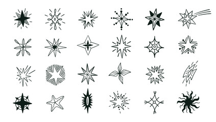 Hand drawn stars. Abstract black silhouettes of night sky different shapes and sizes. Premium quality rating achievement insignia vector set