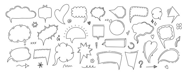 Sketch speech bubble. Hand drawn cute doodle message stickers, hand scribble ink notes and grunge scribble bubbles. Vector isolated set