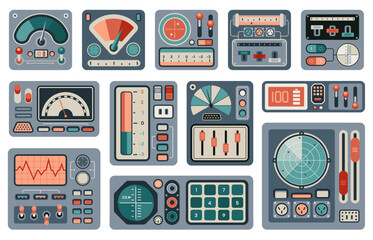Spaceship retro controls. Vintage analog dashboard with dials indicators and gauges, old spacecraft cockpit interface. Vector illustration © Tartila
