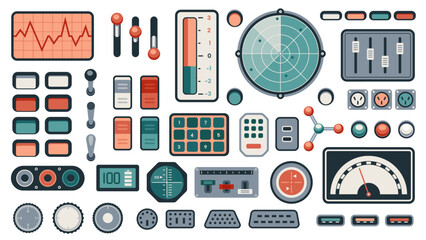 Retro dashboard UI. Futuristic spaceship control panel with dials knobs switches and indicators, vintage sci-fi game screen. Vector illustration