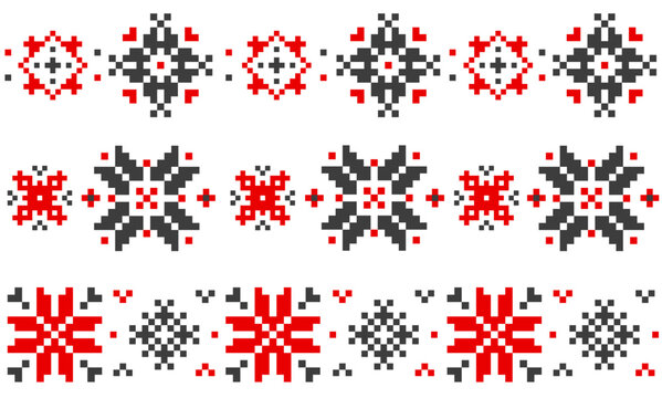 Ukrainian traditional ornament. Ethnic embroidery cross stitch border frame, vintage geometric floral motif bucovina cossacks shirt print. Vector set