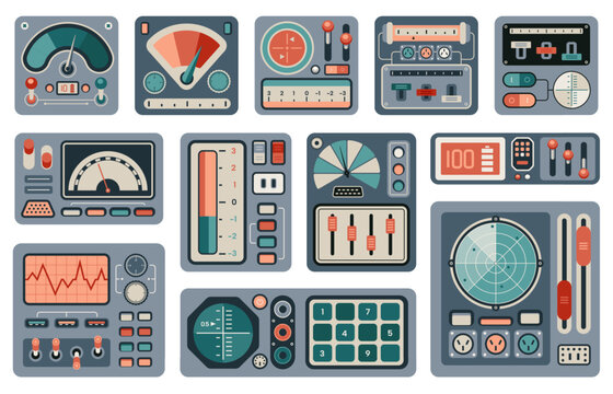 Spaceship retro controls. Vintage analog dashboard with dials indicators and gauges, old spacecraft cockpit interface. Vector illustration