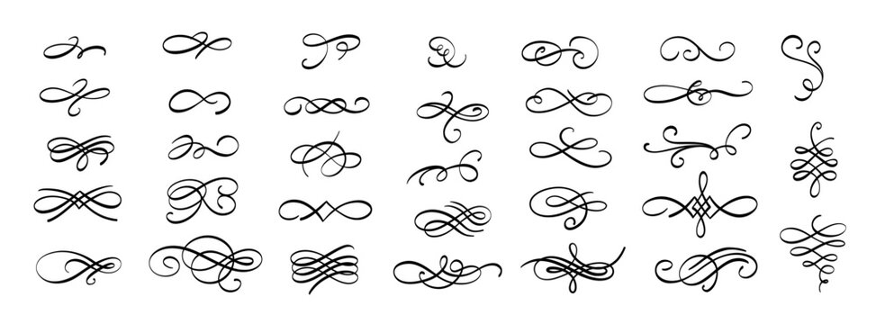 Naklejki Vintage swirl ornament. Antique flourish swirl decorative elements, classic elegant swirl flourish accent collection for wedding invitation. Vector set
