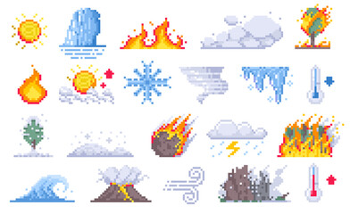 Pixel cataclysm. Retro 2D game volcano eruption with fire, smoke, lava and rocks, mountain explosion with meteorite impact. Vector disaster illustration