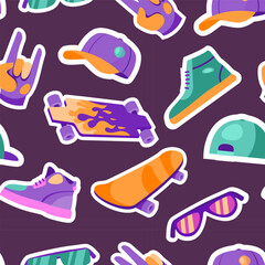 Skateboard pattern. Seamless print of street sport skateboarder equipment, kids doodle background for t-shirt design. Vector texture