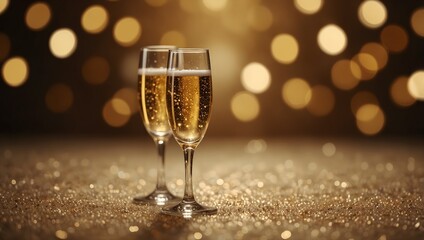 Two champagne flutes, filled with bubbly, on a gold glitter surface, with blurred golden lights behind.

