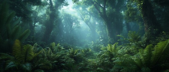 dense jungle with towering trees and lush ferns, a misty atmosphere